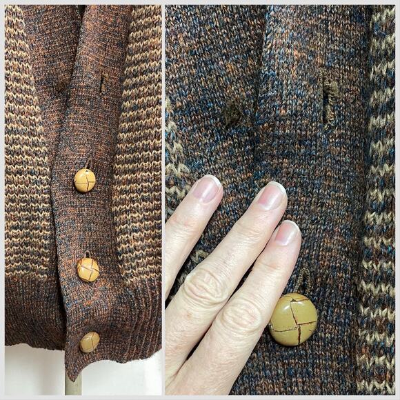 Vintage Grandpa Cardigan, 1970s Brown Tweed Deep V-Neck Button Front Sweater Lg - Picture 9 of 14